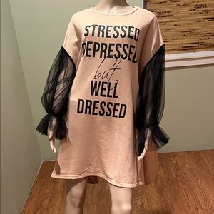 Kate Hewko Tan Graphic Shift Dress with Sheer Black sleeves O/S